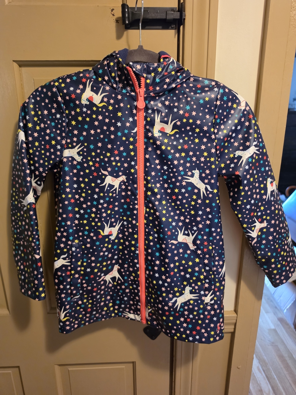 Joules Navy Unicorn & Star Raincoat with Pink Zip